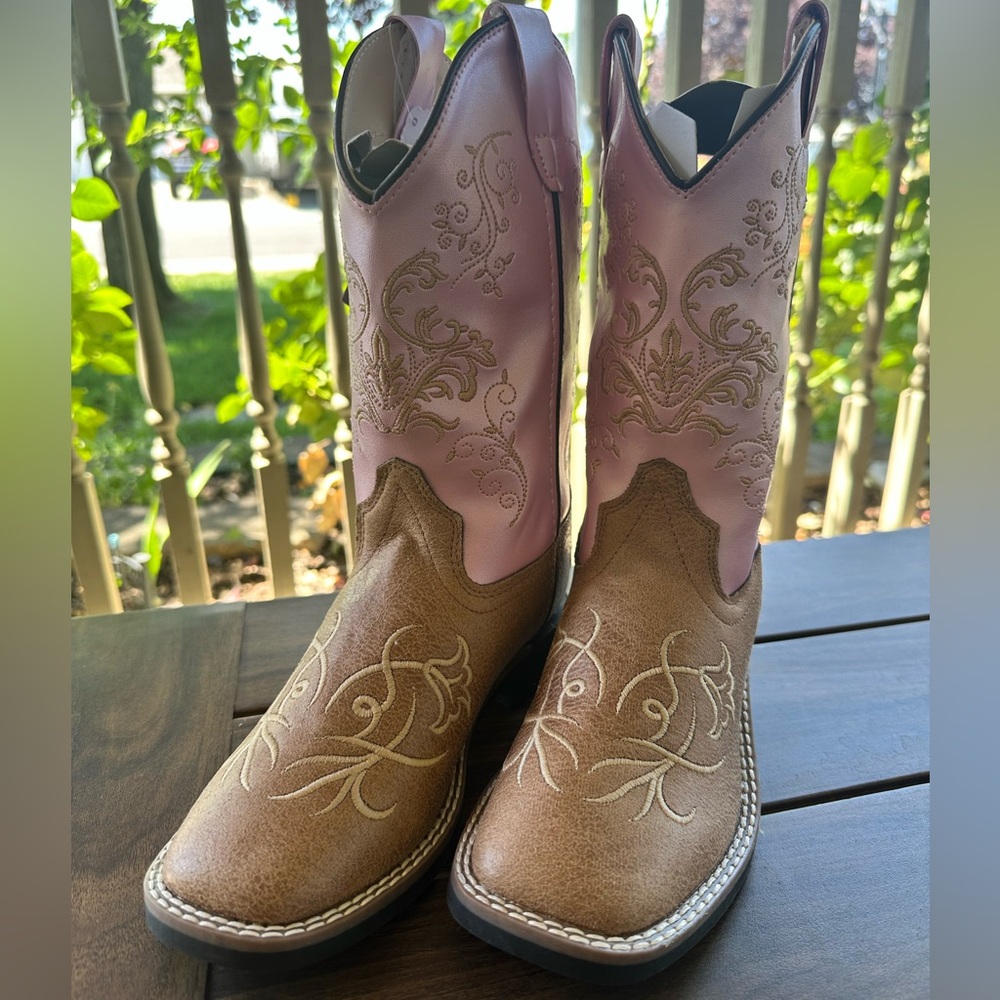Old West Tan/Pink Girls Leather Boots-Size 2.5D